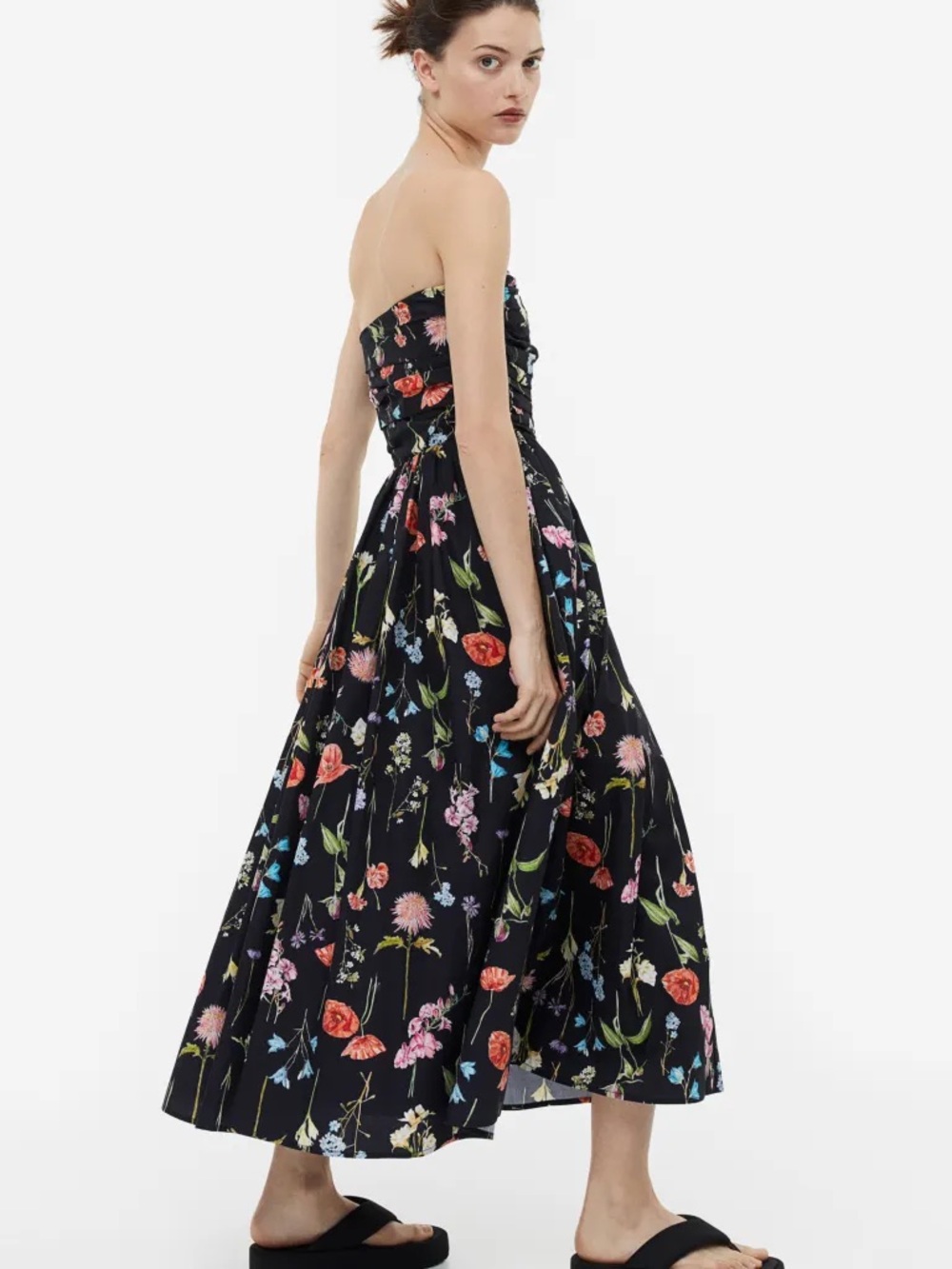 H&M Black Strapless Floral Midi Dress